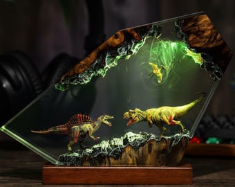 Diorama Spinosaurus vs T-rex Dinosaur lamp, Handmade Jurassic night light, Animal Figurine Dinosaur statue, Gift for Son, Valentine's gift
