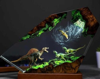 Spinosaurus Dinosaur VS Velociraptors Night Light, Dinosaur night light, Dinosaur statue, Unique resin lamp, Resin lamp, Farther day Gift