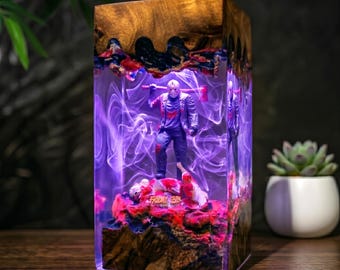 Handmade Horror Figure Diorama Resin Lamp, Custom Killer Mask Night Light, Premium Wood Epoxy Lamp for Game Room, Unique Halloween Gift,