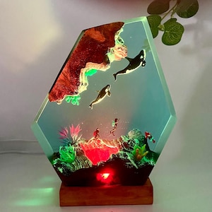 Killer Whales Scuba Divers Resin Lamp, Custom Epoxy Resin Ocean, Resin Wood lamp, Free Diving, Unique Summer Gift, Christmas gifts 2025