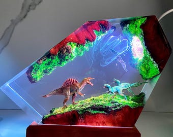 Diorama Spinosaurus vs T-rex Dinosaur lamp, Handmade Jurassic night light, Animal Figurine Dinosaur statue, Gift for Son, Mother's day gift