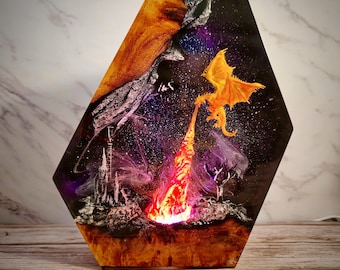 Lámpara de resina de dragón de fuego, luz nocturna de fantasía hecha a mano, estatua de dragón con arte epoxi, regalo único para gamers y decoración del hogar, luces nocturnas espaciales