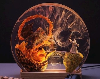 Fantasy Dragon Battle Resin Lamp,Handmade Epoxy Art Night Light,Wizard vs Dragon Scene Lamp, LED Fantasy Decor, Gift for Him, Christmas gift