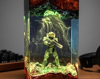 Futuristic Space Warrior Resin Lamp, Infinite Inspired LED Diorama Light, Warrior Gamer Desk Lamp, Handcrafted Xbox Gaming Room Decor