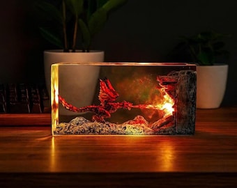 Feuerdrache Resin Lampe, Drachenlegende Diorama, Drachenfiguren, Beste Drachenlampe einzigartige Nachtlampe, Geschenke für Freund, Drachenminiatur