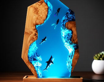 Sharks and Divers Resin Lamp, Handmade Epoxy Wood Night Light, Deep Sea Diorama Lamp, Shark Scene Art Light, Unique Gift for Ocean Lovers