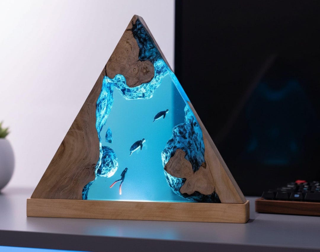 Sea Turtle Resin Lamp, Scuba Diver Ocean Night Light, Handmade Deep Sea ...