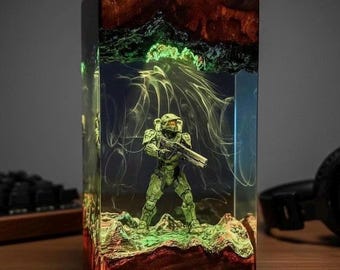 Armored Space Soldier Epoxy Lamp, Handmade Resin Desk Light, Gamer Room Decor, Sci Fi Figure Night Light, LED Warrior Desk Lamp