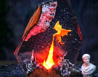 Fire Dragon Resin Lamp, Handmade Fantasy Night Light, Epoxy Art Dragon Statue, Unique Gift for Gamer & Home Decor, Space night lights