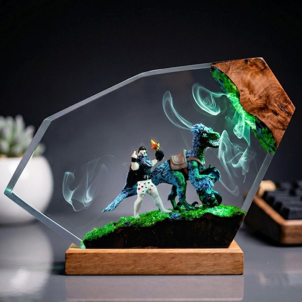 ダンジョンクローラー カール レジンランプ、カールと恐竜モンゴのジオラマ、プリンセスドーナツファンギフト、手作りクローラーナイトライト、LitRPGギフト
