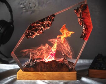 Fire Breath Dragon Resin Lamp, Handmade Fantasy Dragon Night Light, Unique Dragon Gift, Fire Dragon Figure, Dragon Decor, Father's day gift
