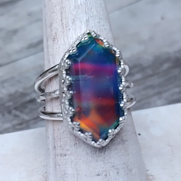 Aurora Opal ring // Sterling silver opal ring // Magical aurora opal colorful ring