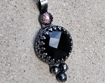 Pink and Black //Valentine's Day gift // Faceted Black Spinel and Pink Tourmaline // Oxidized Sterling pendant