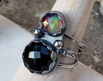 Black Spinel & Aurora Opal Sterling Silver Statement Ring - Size 7.75