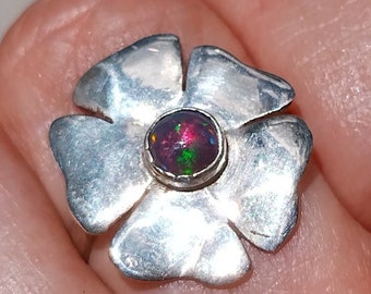 Black Opal sterling flower ring  // Flower statement ring // One of a kind ring