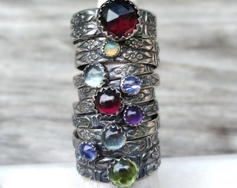 Gemstone Stacker ring double wide band // Sterling stacker ring // Darkened Silver gemstone ring