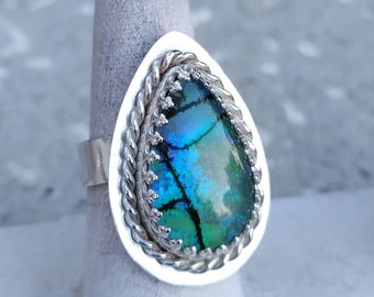 Monarch Opal ring // Teardrop blue/green/black sterling opal ring // adjustable size