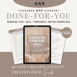 Peut inclure: Un guide de produit numérique avec un fond brun et un écran de tablette affichant le texte "Creative Content 90 Days Content Creation Ideas" avec un fond brun et blanc. Le texte "Edit in Canva" est dans un cadre blanc avec une bordure brune.