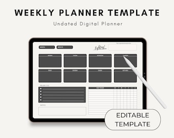 Puede incluir: Una plantilla de planificador semanal en la pantalla de una tableta. La plantilla no está fechada e incluye secciones para el mes, la semana del, las prioridades, las notas y un horario diario. El texto "Fighting!" está escrito en la esquina superior derecha de la plantilla.