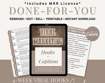 May include: A digital guide for viral marketing on social media. The guide includes a 4-week plan with hooks and captions to help you create engaging content. The guide is editable in Canva.