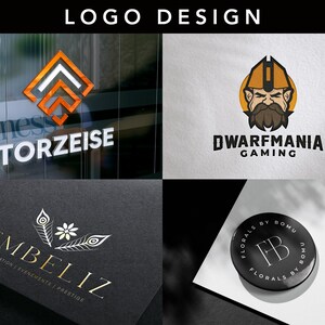 May include: A collection of logo designs. The top left logo features an orange and white geometric design with the text "TORZEISE". The top right logo is a cartoon dwarf with the text "Dwarfmania Gaming". The bottom left logo has gold text "EMBELIZ". The bottom right logo is a black circle with the text "FLORALS BY BOMU".