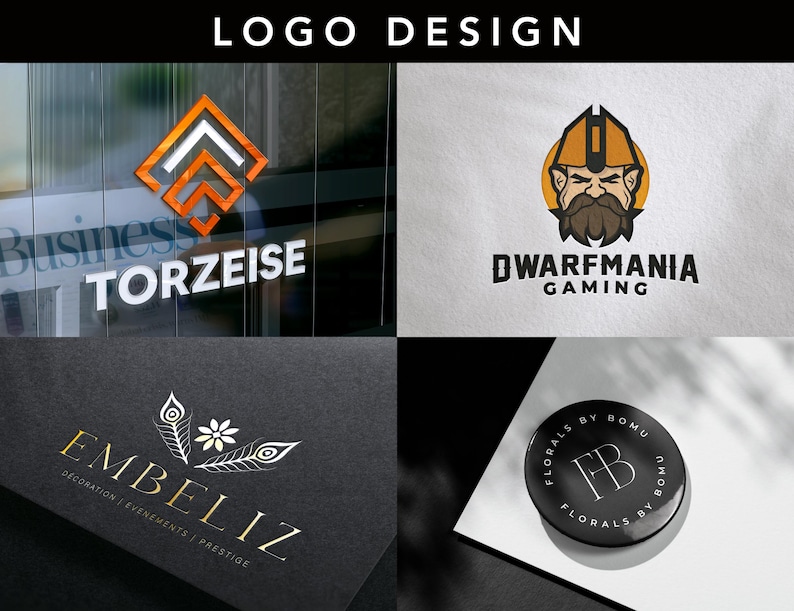 May include: A collection of logo designs. The top left logo features an orange and white geometric design with the text "TORZEISE". The top right logo is a cartoon dwarf with the text "Dwarfmania Gaming". The bottom left logo has gold text "EMBELIZ". The bottom right logo is a black circle with the text "FLORALS BY BOMU".