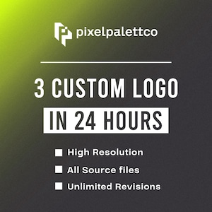 May include: Graphic with the text "3 Custom Logo in 24 Hours" in white on a dark background. The image also includes the text "High Resolution", "All Source files", and "Unlimited Revisions". The logo for "pixelpalettco" is in the top left corner.