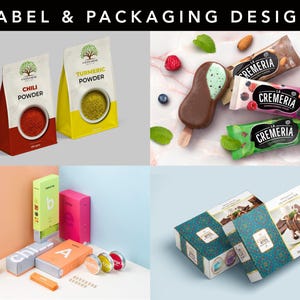 May include: A collage showcasing label and packaging designs. It includes spice packets labeled "Chili Powder" and "Turmeric Powder", ice cream bars, and boxes with various product labels. The designs feature a range of colors and styles, highlighting product branding.