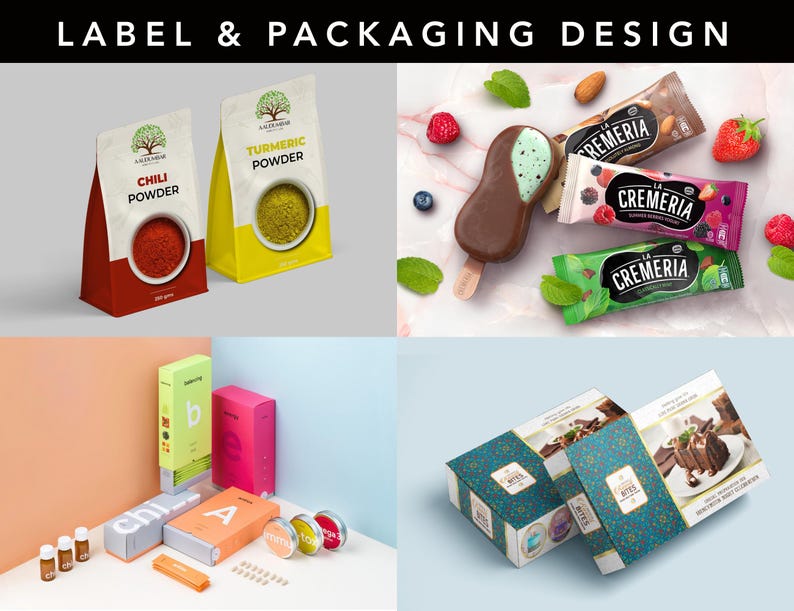 May include: A collage showcasing label and packaging designs. It includes spice packets labeled "Chili Powder" and "Turmeric Powder", ice cream bars, and boxes with various product labels. The designs feature a range of colors and styles, highlighting product branding.