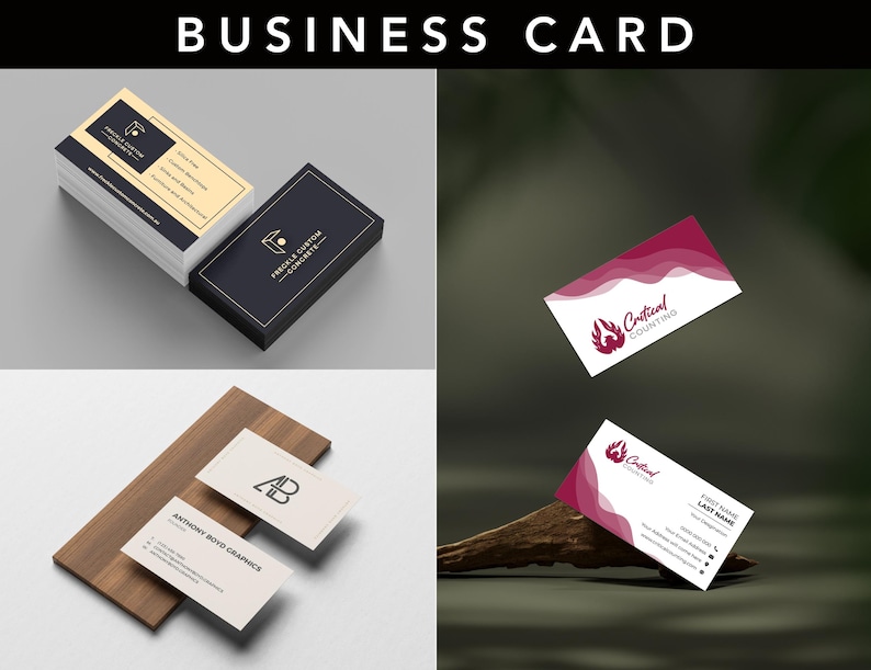 May include: Image of business cards with various designs. One stack features a gold and navy blue design with the text "FRECKLE CUSTOM CONCRETE". Another card has a burgundy wave design with the text "Critical Counting". The text "BUSINESS CARD" is at the top.