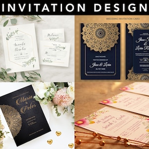 May include: A collection of wedding invitation designs. The invitations feature floral and geometric designs in gold, white, and black. The text "INVITATION DESIGN" is at the top. Some cards include names and dates.