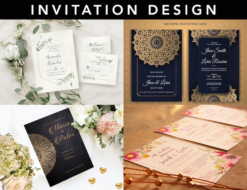 May include: A collection of wedding invitation designs. The invitations feature floral and geometric designs in gold, white, and black. The text "INVITATION DESIGN" is at the top. Some cards include names and dates.