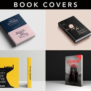 May include: Image of four book covers. One has a navy and pink cover with the text "HOW TO BE A WOMAN". Another is black with a rose and the text "Romeo & Juliet". A third is yellow with a black cityscape and the text "CITY OF THE DARK". The last is a horror book with the text "HORROR STORIES".