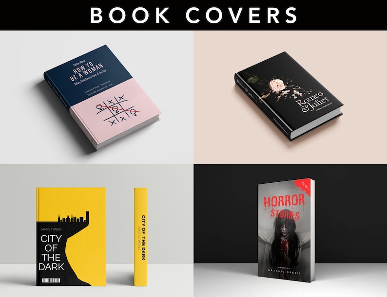 May include: Image of four book covers. One has a navy and pink cover with the text "HOW TO BE A WOMAN". Another is black with a rose and the text "Romeo & Juliet". A third is yellow with a black cityscape and the text "CITY OF THE DARK". The last is a horror book with the text "HORROR STORIES".