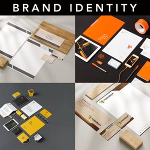 May include: A collection of brand identity mockups, including stationery, notebooks, and digital devices. The image features various layouts with white paper, business cards, and wooden accents. The text "BRAND IDENTITY" is at the top.