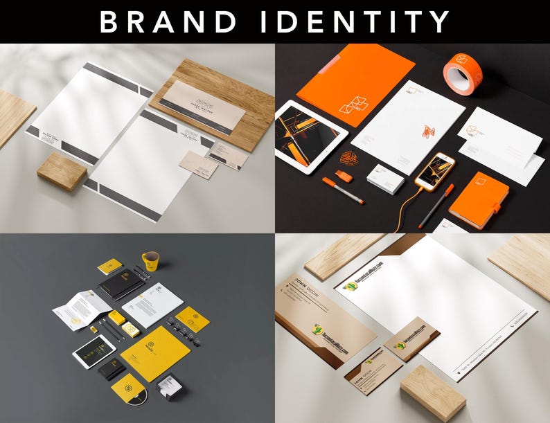 May include: A collection of brand identity mockups, including stationery, notebooks, and digital devices. The image features various layouts with white paper, business cards, and wooden accents. The text "BRAND IDENTITY" is at the top.