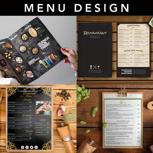 May include: A collection of restaurant menu designs. The image features a variety of menu layouts, including a tri-fold menu with food images and text, a black menu with the text "Restaurant Menu", and a clipboard menu.