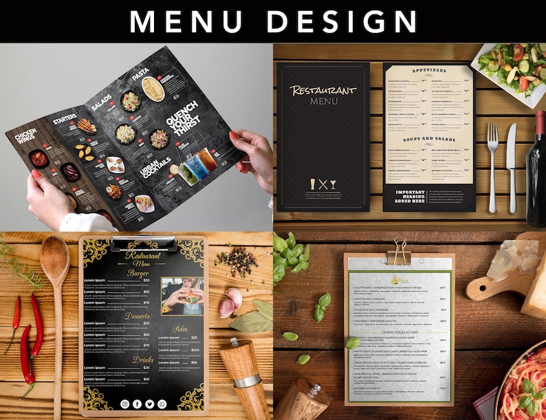 May include: A collection of restaurant menu designs. The image features a variety of menu layouts, including a tri-fold menu with food images and text, a black menu with the text "Restaurant Menu", and a clipboard menu.