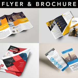May include: A collection of brochures and flyers with various designs. The top left flyer is tri-fold with orange and yellow accents. The top right brochure is a tri-fold with yellow and black accents. The bottom left flyer is red and black. The bottom right flyer is blue.
