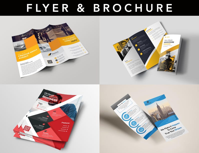 May include: A collection of brochures and flyers with various designs. The top left flyer is tri-fold with orange and yellow accents. The top right brochure is a tri-fold with yellow and black accents. The bottom left flyer is red and black. The bottom right flyer is blue.