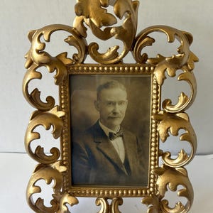 Antique Orante Gold Victorian Rococo Gold Painted Cast Iron Photo Frame