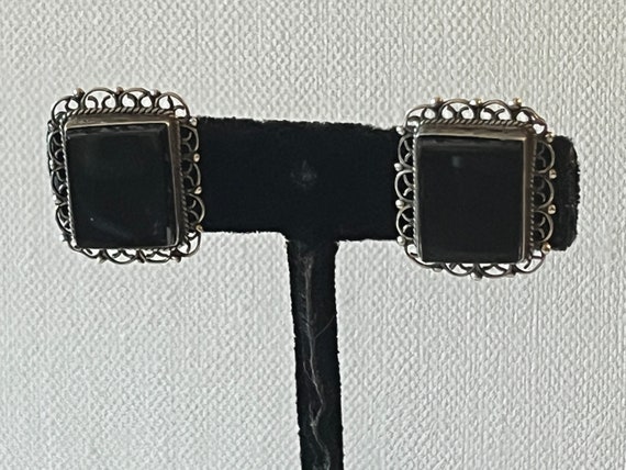 Vintage Taxco Mexico Sterling and Onyx Filigree D… - image 1