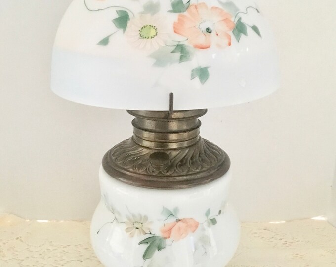 Victorian Milk Glass Oil Lamp With Hand Floral Painted Shade Etsy