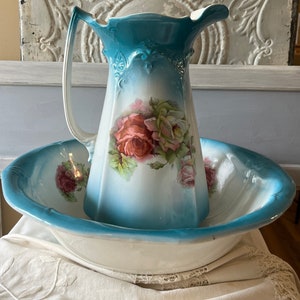 Victorian Art Nouveau Large Cabbage Roses Pitcher and Bowl Set