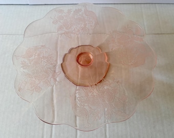 Vintage/Antique Peacock and Wild Rose Paden City Glass Pink Cake Plate