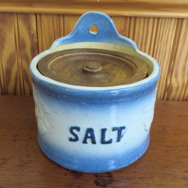 Antique Blue and White Stoneware Salt Crock