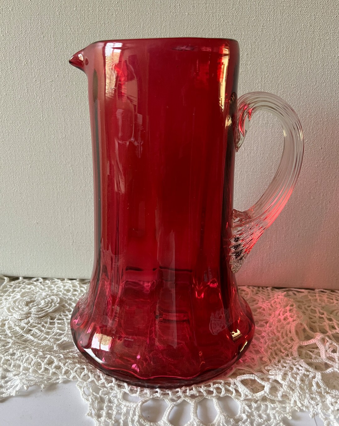 Antique Cranberry Hand Blown Glass Pitcher W/applied Ribbed Handle Etsy