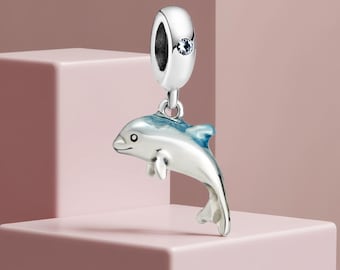 Dolphin Heart Dangle Fits Pandora Charm Bracelet, Blue Ocean
