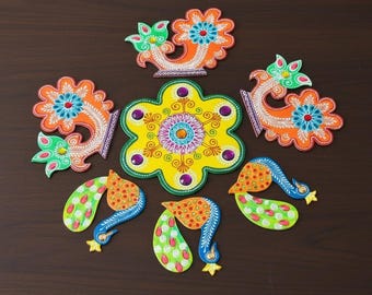 Hand-Painted MDF Rangoli Set – Peacock Design, Emboss Work, Stones, Mirror – 7 Piece Floor Decoration