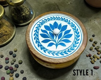 Handmade Mango Wood Spice Box with Resin Top | Hand-Painted Masala Box | Natural Polish Kitchen Organizer | Multipurpose Storage & Gift